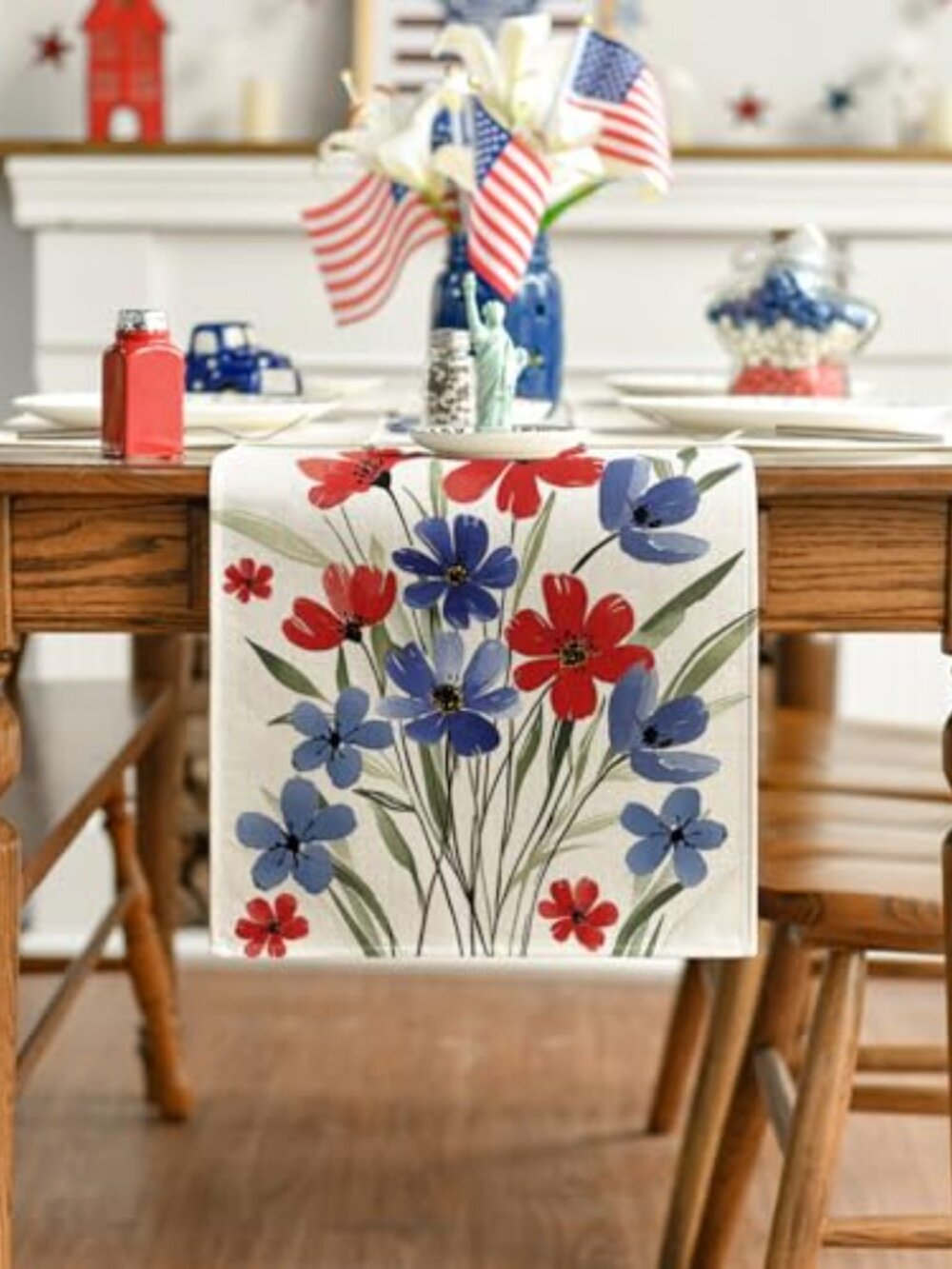 New - Watercolor Flowers Eucalyptus 4th of July Table Runner, Patriotic Memorial